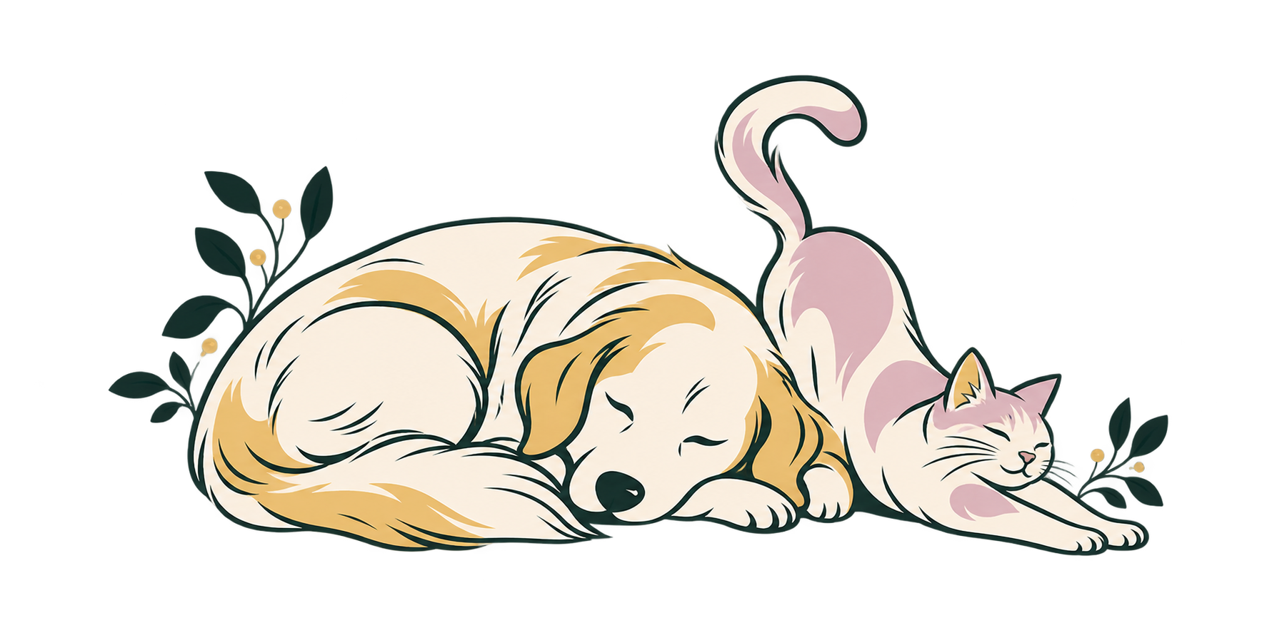 A relaxed dog and stretching cat